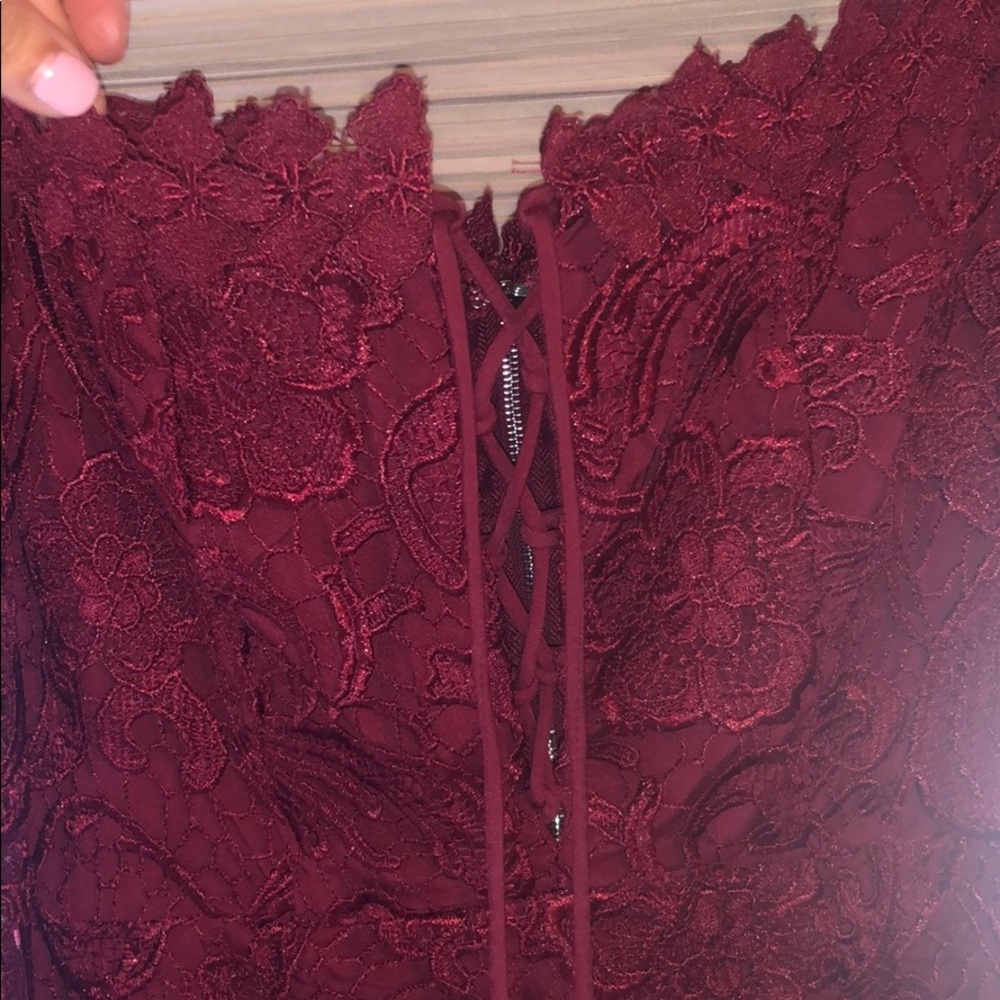 Off the shoulder tie front zip back lace dress.